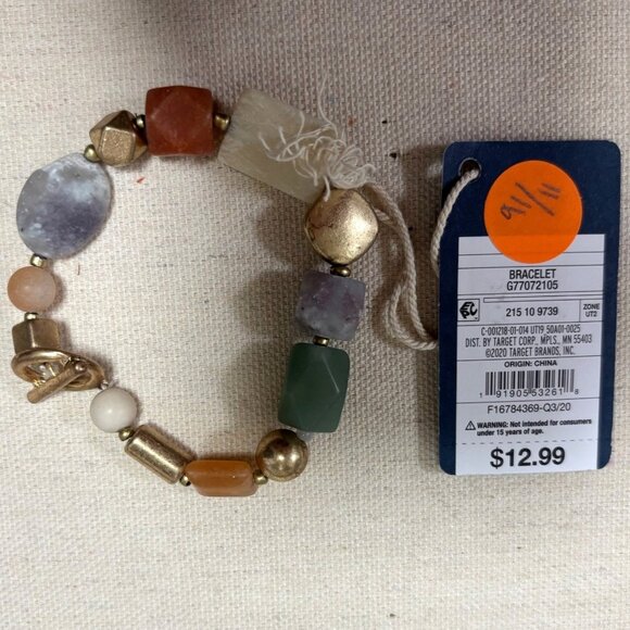 NWT Boho Multicolor Semi Precious Stone & Bead Stretch Bracelet Universal Thread - Picture 2 of 2
